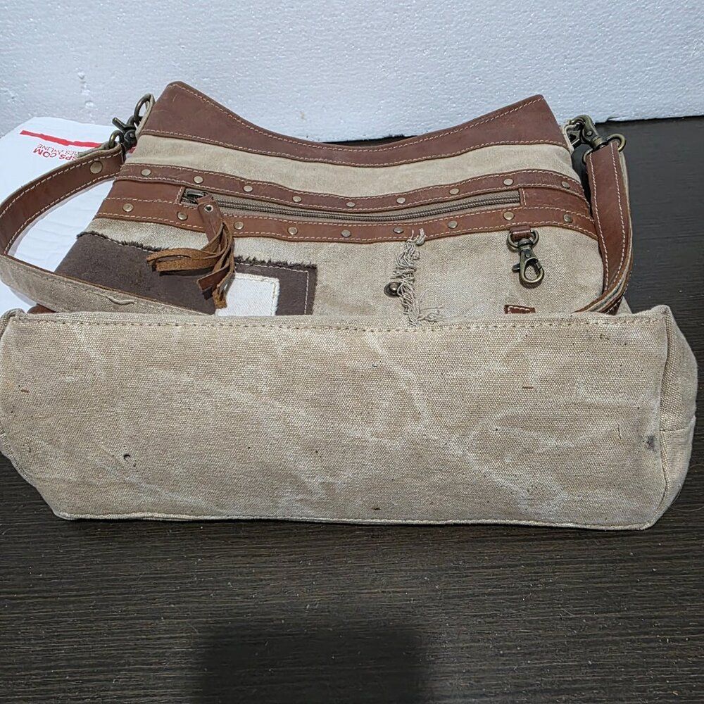 Myra Country Charm Upcycled Canvas & Leather Beige Brown Shoulder Crossbody Bag - Picture 12 of 12